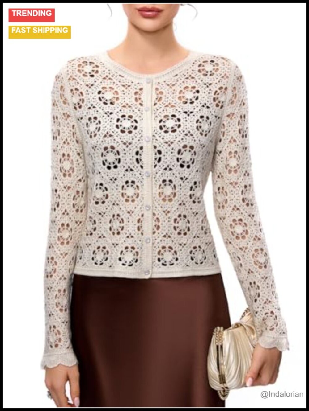Crochet Cardigan Sweater Wool Blend Golden Thread Women's Button Front